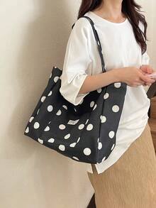 Women's Polka Dot Canvas Tote Bag, Large Capacity Shoulder Bag With Front Pocket, Casual Handbag For Daily Use - Black - View 2