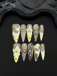 LIVENTO 10pcs/Set Press On Nails Long Stiletto 3D Flower Cream Yellow Nude Gray Glossy Full Cover Nail Tips With Pearl Gold Foil Metal Decoration Elegant Reusable For Wedding Party Daily Wear Handmade Press On Nails Premium Fake Nails. - A-040 - 查看 7