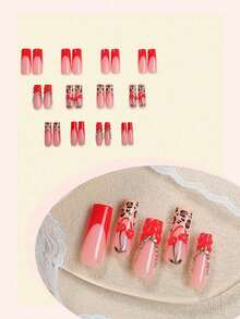 12pcs French Style Nail Stickers, Rectangular, 3D Line Art, Leopard Print Decor, Red Bow And Rhinestone Design, Smooth Surface, Full Coverage Fake Nails, Suitable For Women And Girls Daily Wear - Multicolor - View 2