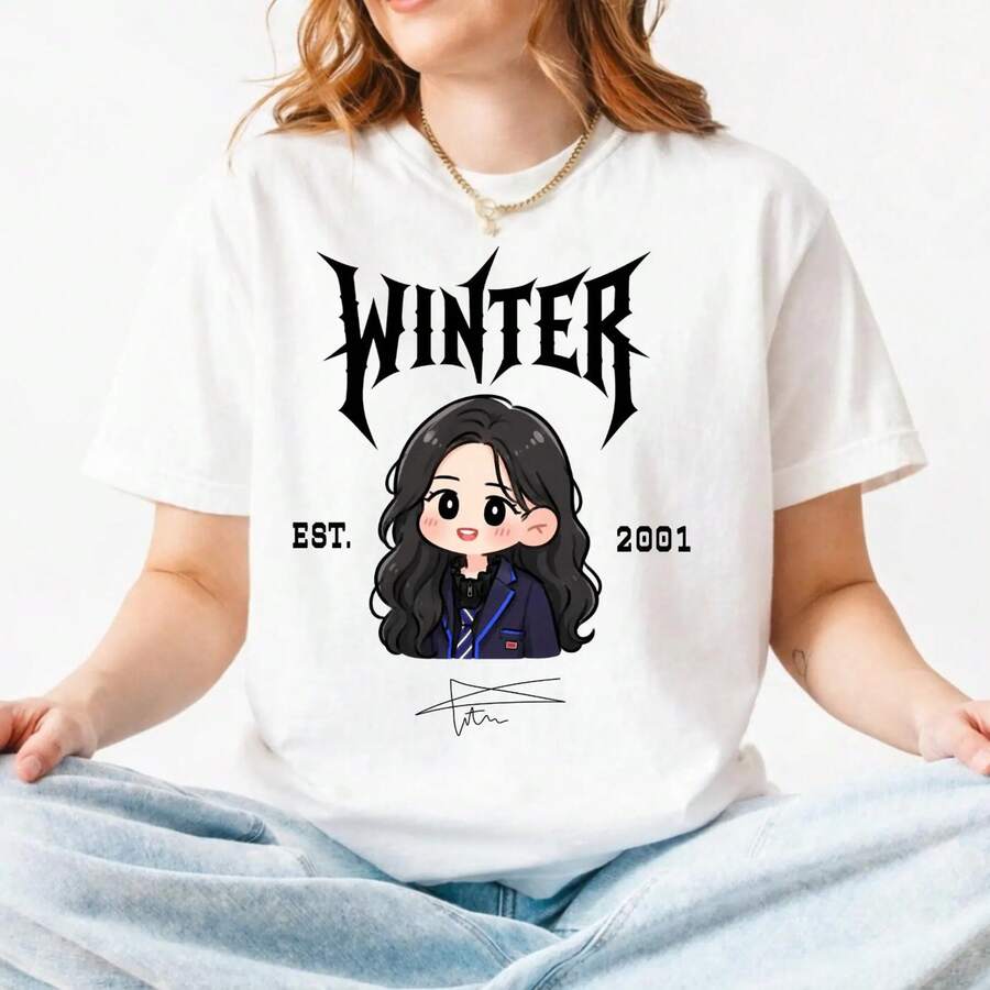 Aespas's Chibi Member Shirt, Kawaii Tee, Karina Winter Giselle Ningning Cute Cartoon Graphic, Tour Merch Hoodie - White - View 1