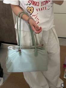 1件日式新時尚休閒大容量尼龍拼接三明治肩背托特包，適合女性日常購物、旅行、健身、收納、通勤、派對 - 彩色 - 查看 7
