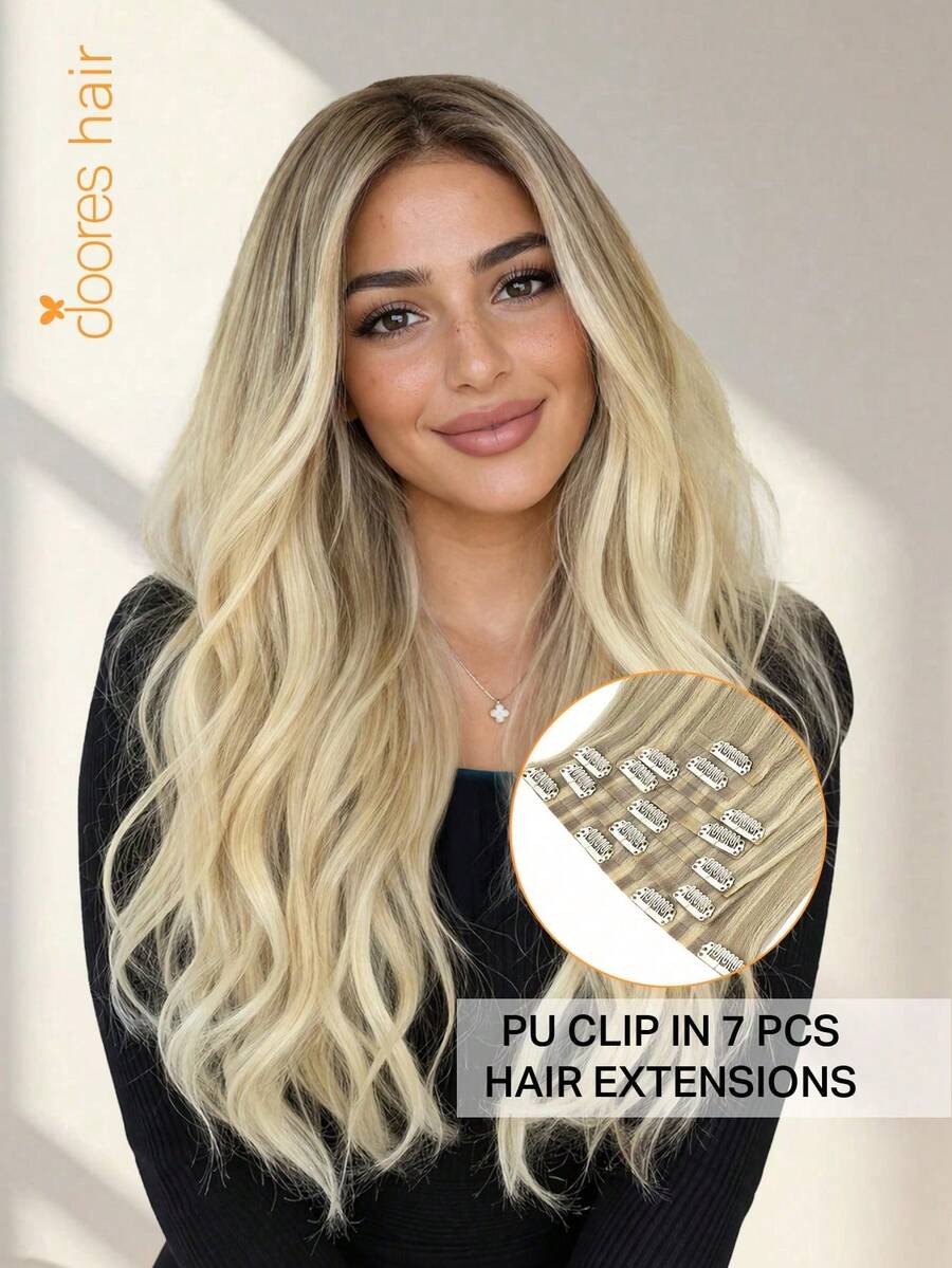 DOORES Extensiones de Cabello Humano Sin Costuras Invisibles con Clips 130g-150g 7 piezas/Paquete Degradado Gris Dorado Dorado y Rubio Platino Cabello Virgen Liso Remy PU Moldeable