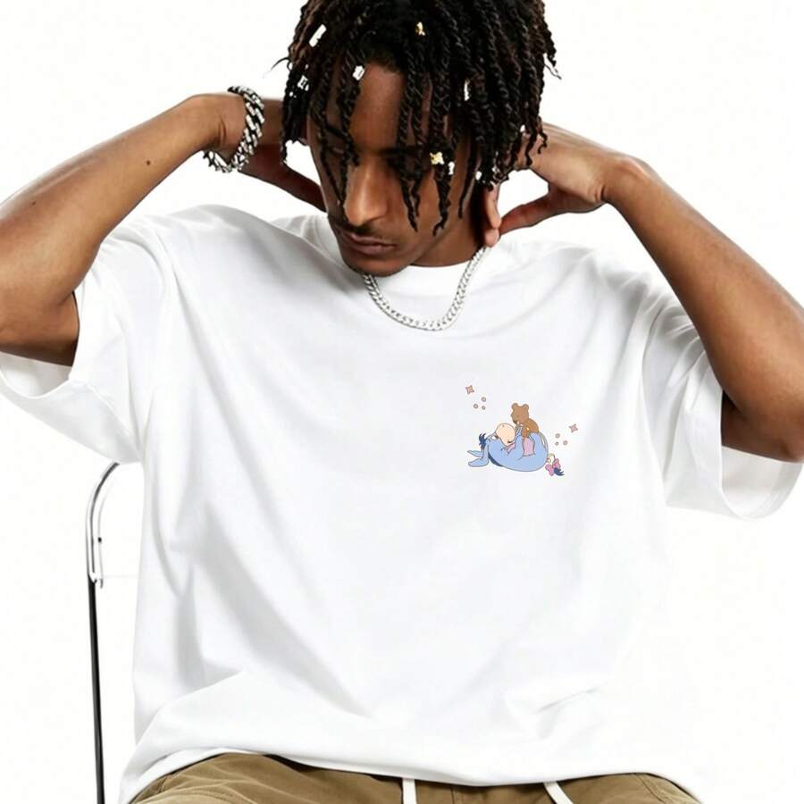Casual Streetwear Style, Men's T-Shirt, Cartoon Bear And Girl Print, For Daily Summer Wear, Cotton, Graphic Tee.