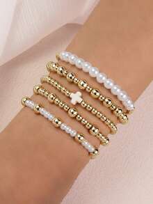 5pcs French Vintage Niche Design INS Style Cross & Faux Pearl Multi-Layer Stackable Bracelet Set For Women, Suitable For Daily Casual, Outings, Banquets, Music Festivals And Party Events - Gold - View 5