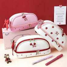 1pc Double Layer Strawberry Pencil Case, Cute Girl Heart Pencil Box, Minimalist Large Capacity Stationery Storage Bag For Middle School Students, Strawberry Shaped Sticker,Back To School Season - Double-layer Pencil Case - View 10
