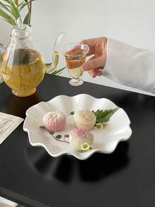 1pc Minimalist Pure White Ceramic Plate With Lotus Leaf Edge, Ceramic Plate For Home Afternoon Tea, Dessert, Cake And Dining - White - View 11