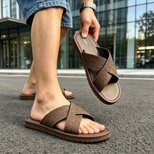 Men's Soft Sole Cross Strap Slippers, Men's Outdoor Party Business Casual Open Toe Slides, Black Minimalist Mule Slippers, Suitable For Beach, Casual And Daily Wear - All Season Comfortable, Men's Slippers, Men's Indoor Shoes - Brown - View 4