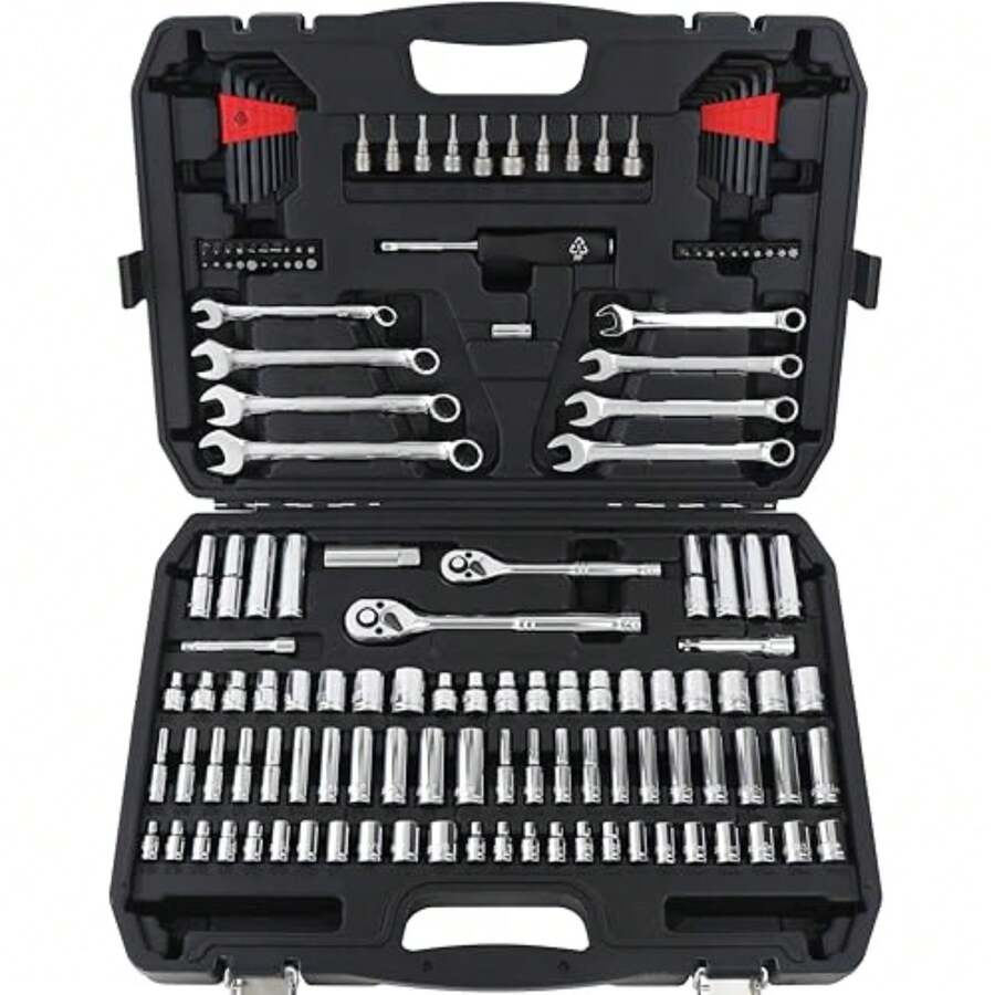 Basics - Juego de herramientas mecánicas y enchufes de con caja de almacenamiento, anticorrosión, tamaños SAE y métricos - 145 Piezas - Ver 1