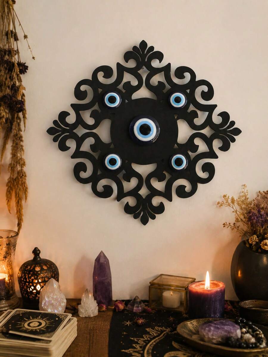 1pc Bohemian Style Evil Eye Wall Decor, Room Decoration, Turkish Blue Eye Wall Hanging, Mysterious Evil Eye Decorative Pendant, Vintage Carved Hollow Pattern Wall Decor - Evil Eye - View 1