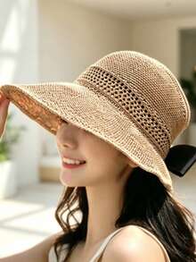 1pc Women's Spring/Autumn Solid Color Bow Straw Bucket Hat Wide Brim Sun Hat Sun Protection Hat, Suitable For Daily Use - A - View 1
