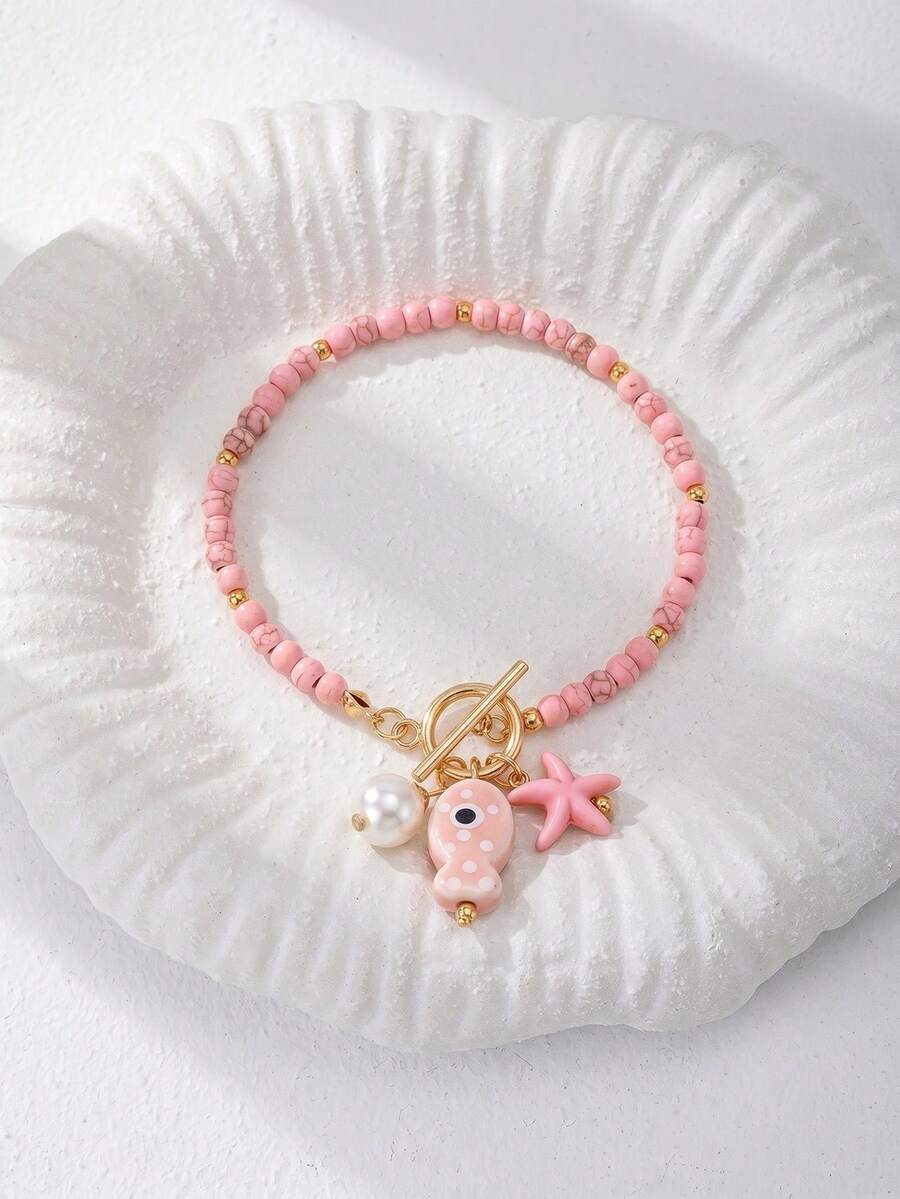 1pc Women's Starfish, Pearl & Sardine Beaded Decor Multi-Pendant Bracelet, Summer Beach Jewelry, Gift For Her - Pink - View 1