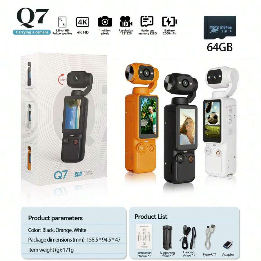 Portable Handheld Digital Camera, 1MP Resolution, 16x Digital Zoom, 4K Video Recording, 180° Rotating Lens, Built-In Flash, Night Shot Support, Auto Focus, Landscape/Portrait Mode, Equipped With 64GB SD Card, 2000mAh Battery