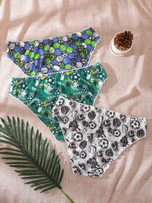 3pcs/Pack Soccer Print Plus Size Women's Panties, Frill Trim Bow Thin Comfortable Mid-Waist Triangle Underwear - Multicolor - View 2