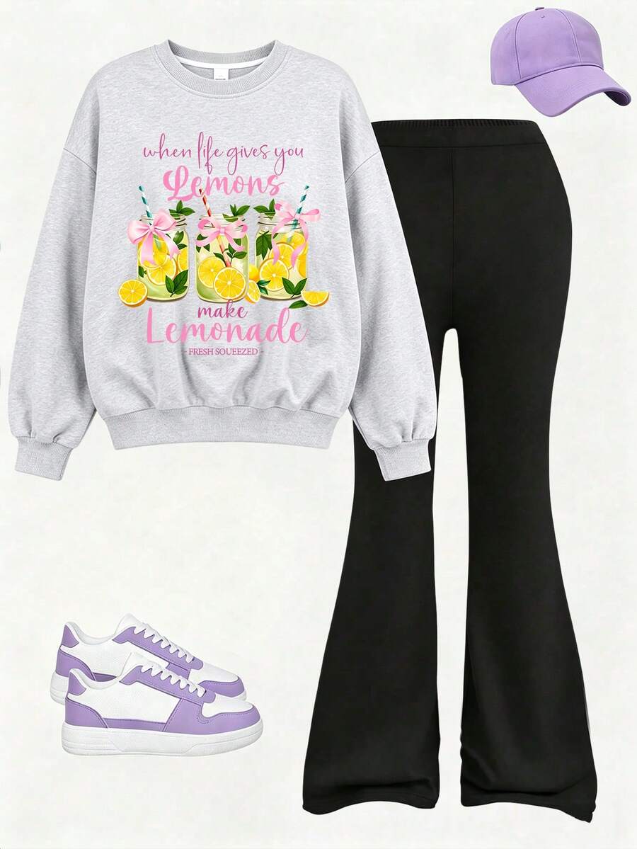 2pcs Sweet Slogan & Lemon Print Crew Neck Sweatshirt + Flare Pants Set, Autumn/Winter Fashion Comfortable New Style - Multicolor - View 1