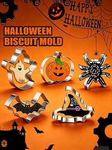 1pc/5pcs Halloween Cookie Cutter Set, Stainless Steel, Bat, Ghost, Pumpkin, Spider, Witch Hat Shapes, Mini Halloween Molds, Vegetable Fruit Press Molds, Baking Holiday Fun - Multicolor - View 1