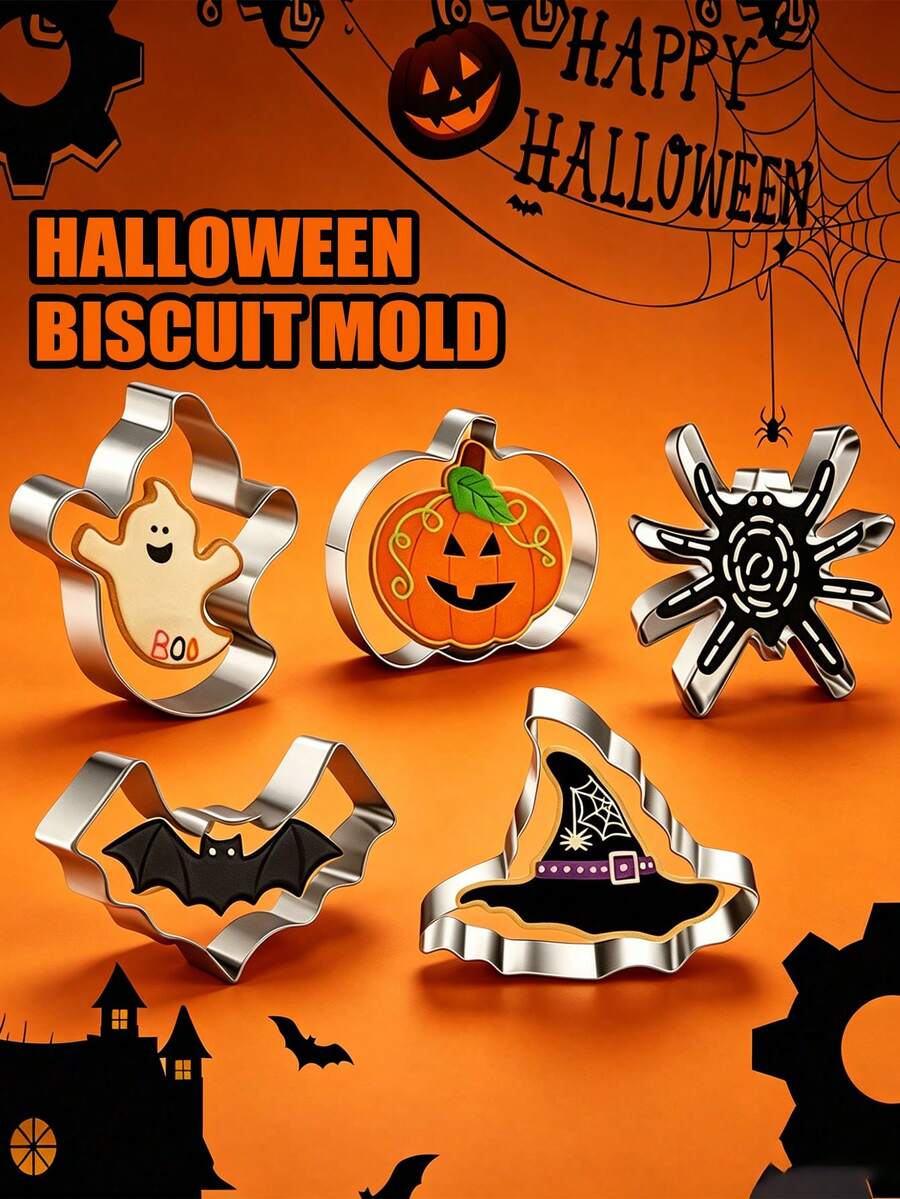 1pc/5pcs Halloween Cookie Cutter Set, Stainless Steel, Bat, Ghost, Pumpkin, Spider, Witch Hat Shapes, Mini Halloween Molds, Vegetable Fruit Press Molds, Baking Holiday Fun - Multicolor - View 1