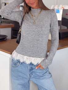 Women's Ribbed Contrast Lace Hem Knit Long Sleeve Top - Light Grey - View 7