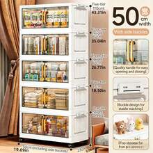 1pc, 3/4/5 Layer Foldable Storage Cabinet With Doors And Wheels, Plastic Storage Box, Stackable Large Capacity Home Organization For Bedroom, Living Room, Kitchen, Easy Assembly And Space-Saving Design - Transparent Tea - View 7