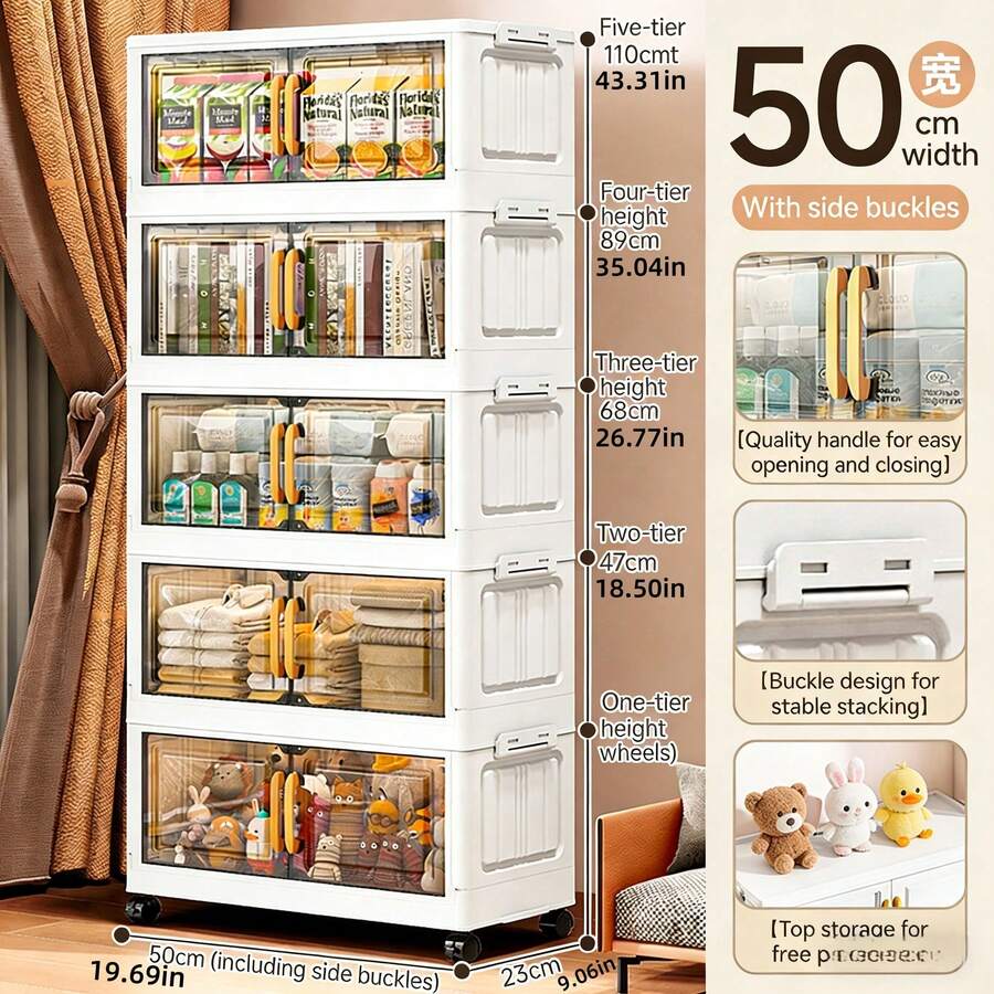 1pc, 3/4/5 Layer Foldable Storage Cabinet With Doors And Wheels, Plastic Storage Box, Stackable Large Capacity Home Organization For Bedroom, Living Room, Kitchen, Easy Assembly And Space-Saving Design