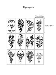 12pcs Totem Pattern Tattoo Stickers, Waterproof Men's Temporary Tattoos For Hand, Leg, Arm And Body Makeup, Wolf, Dragon Totem Fake Tattoo For Women, Hand Tattoo Suitable For Holiday, Daily Body Wear - Black - View 7