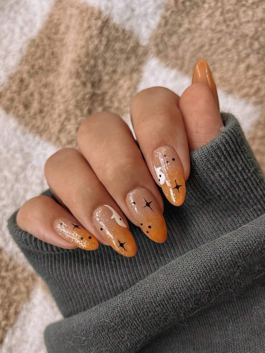 24pcs Press On Almond Fake Nails Orange Gradient Nail Cartoon Ghost Fake Nails Halloween Nails - Multicolor - View 1