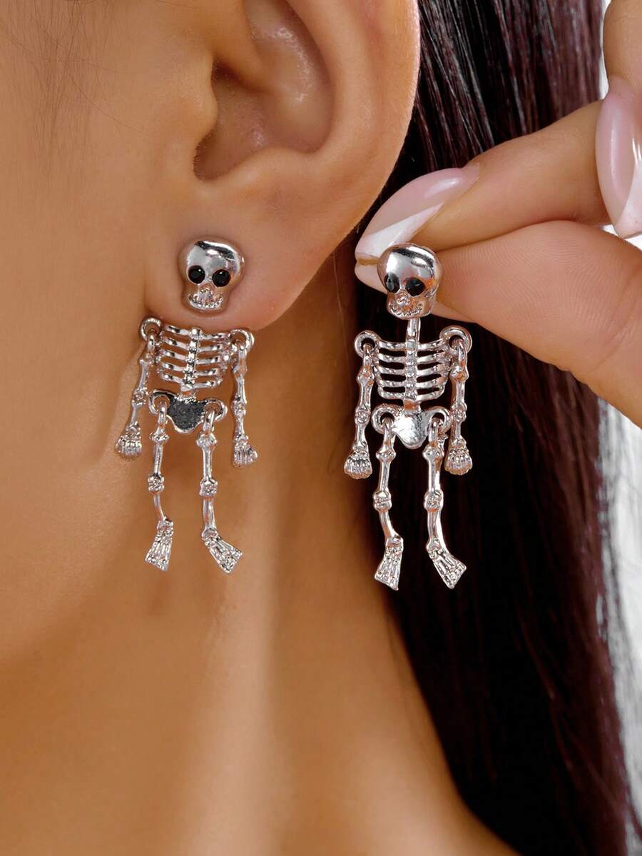 1 Pair Dark Gothic Halloween Skeleton Bone Tassel Earrings - Silver - View 1