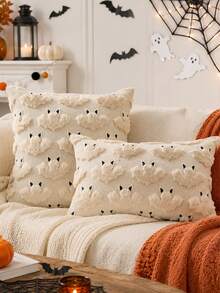 1pc Halloween Pillow Case, Cute Bat Pattern, Spooky Embroidery Design, Soft Plush Faux Wool Cushion Cover, Autumn Home Decor Gift, Suitable For Sofa, Chair, Bedroom - Beige - View 4