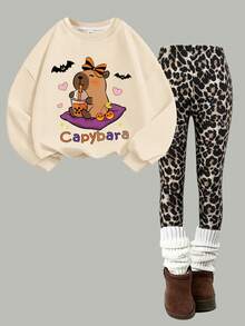 2pcs Sweet & Cool Halloween Girls Outfit, Cartoon Capybara Boba Milk Tea Pumpkin Print Sweatshirt + Leopard Print Leggings, Soft Autumn Daily Wear - Apricot - View 2