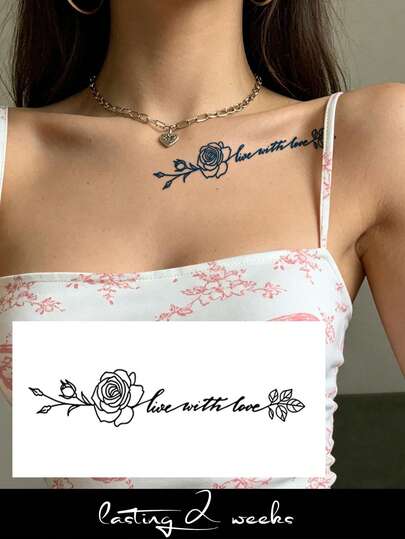 Kräutersaft Semi-Permanentes Tattoo Aufkleber, minimalistisches Blumen Rosen Muster, 14-Tage farbbeständig, Musikfestival Party Geschenk, Schulter Nacken Schlüsselbein Taille Bauch Rücken Körper temporärer Tattoo Aufkleber, 1 Stück/Packung