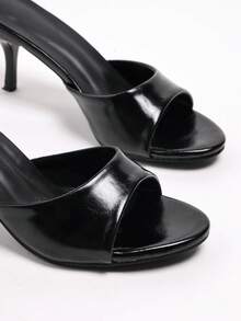 2026 Black Glossy Square Toe Open Toe Narrow Strap Thin Kitten Heel High Heel Slides For Women, Minimalist Outdoor Wear, Spring Summer Export Shoes - Black - View 7