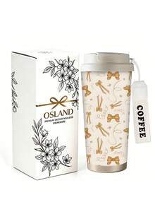 1pc/5pcs 500ml Elegant Gold Bow Water Cup, Double-Wall Stainless Steel Insulated Tumbler For All Seasons Outdoor Travel, Cream White Base With Vintage Gold Ribbon Bow Print Design, Portable Coffee Cup With Lanyard, Gift For Girlfriend, Couple Cup, Suitable For Daily Commute And Best Friends - Apricot-brown Bow - View 2