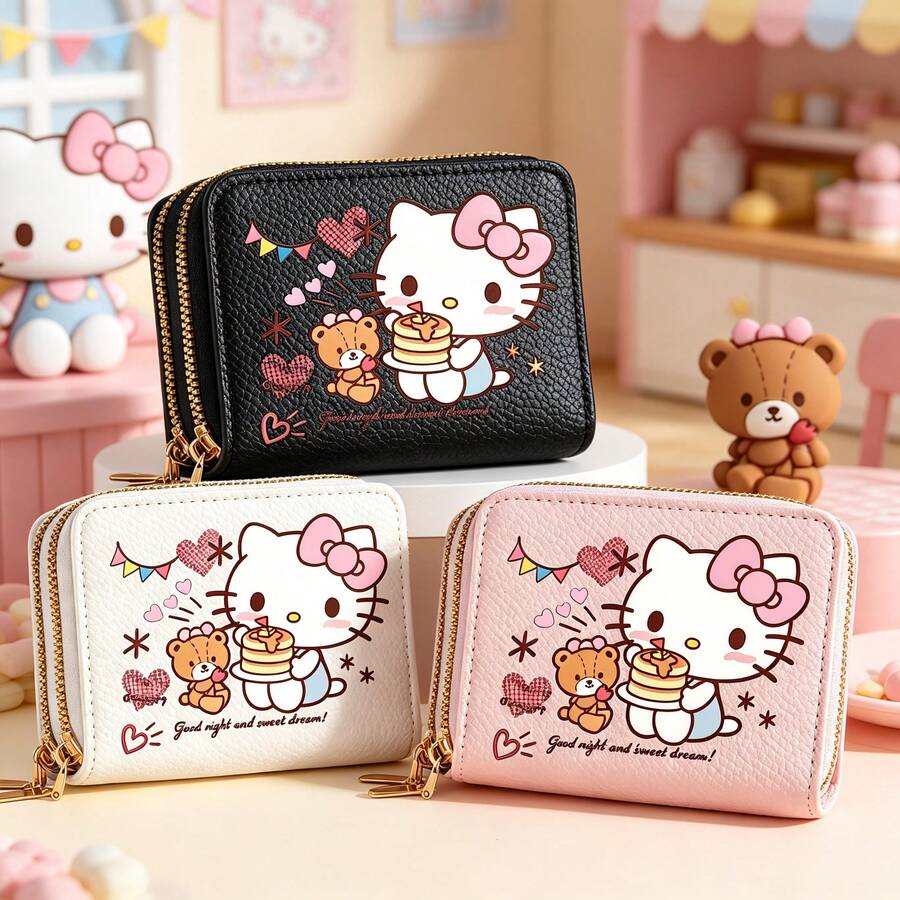 1 buah Dompet Resleting Sanrio dengan Dua Slot Kartu dan Kantong Koin, Dompet Pendek Modis dengan Desain Ilustrasi Kartun Hello Kitty yang Cerah, Dompet Koin untuk Perjalanan, Tas Tangan Mini yang Lucu, Perlengkapan Belanja Perjalanan, Hadiah Liburan yang Praktis - QB-B-SLO-08 - View 1