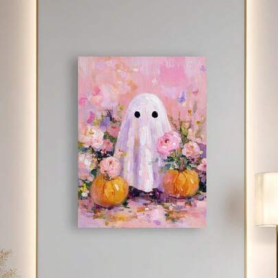 1pc Unframed Modern Floral Ghost Canvas Wall Arts Poster, Whimsical Halloween Wall Art, Pastel Spooky Home Decor, For Enhancing The Decor Of Living Rooms And Bedrooms