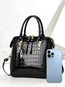 BAGSNOVO 1 pieza Bolso de mano versátil y de moda para mujer con borla de metal casual y colgante gratis, bolso de hombro y cruzado de doble uso para compras y desplazamientos - Negro - Ver 4