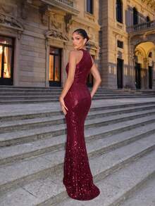 Sequin Glamorous Halter Neck Evening Gown Party - Burgundy - View 6