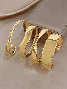 18k Gold Plated Stainless Steel, Curved Polished Gold Bangle, Women's Bracelet, Stainless Steel Jewelry, Designer Jewelry, High Quality Luxury Jewelry, Jewelry Set, Heavy Bangle, Gold Plated Jewelry, Suitable For Daily, Dating, Party, Vacation Season, Back To School Season, Summer Jewelry, Beach Jewelry, Women's Beach Accessories, Birthday Gift, Girlfriend Gift, Mother Gift, Bohemian Jewelry - Multicolor - View 3