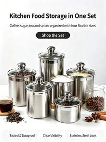 不鏽鋼密封儲存罐 透明玻璃蓋咖啡/糖/茶/香料容器 多用途廚房儲藏室與食品儲存 - 銀色 - 查看 1