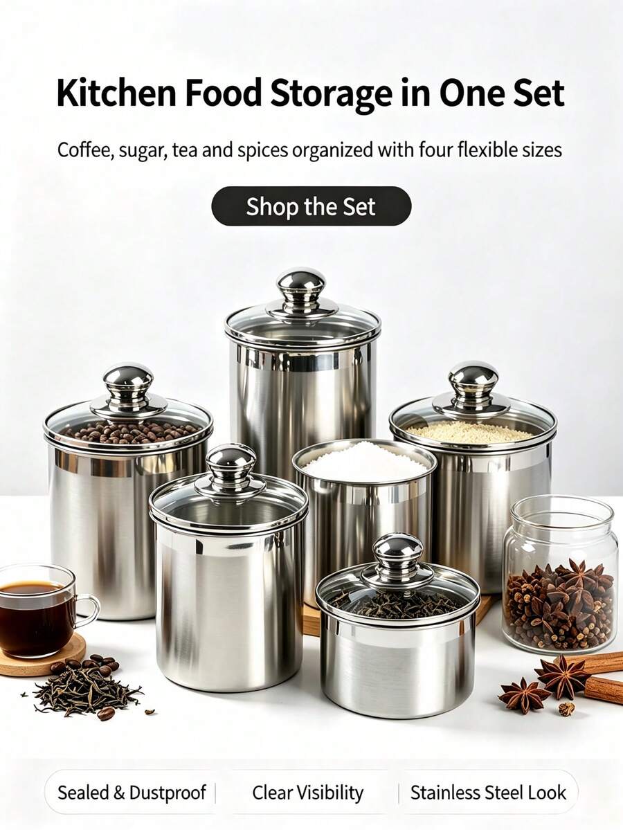 不鏽鋼密封儲存罐 透明玻璃蓋咖啡/糖/茶/香料容器 多用途廚房儲藏室與食品儲存 - 銀色 - 查看 1
