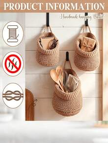 1/3pcs Wall Hanging Baskets, Woven Rope Storage Baskets, Bohemian Style Wall Hanging Storage Baskets, Suitable For Kitchen, Bedroom, Bathroom And Home Decor - Khaki - View 4