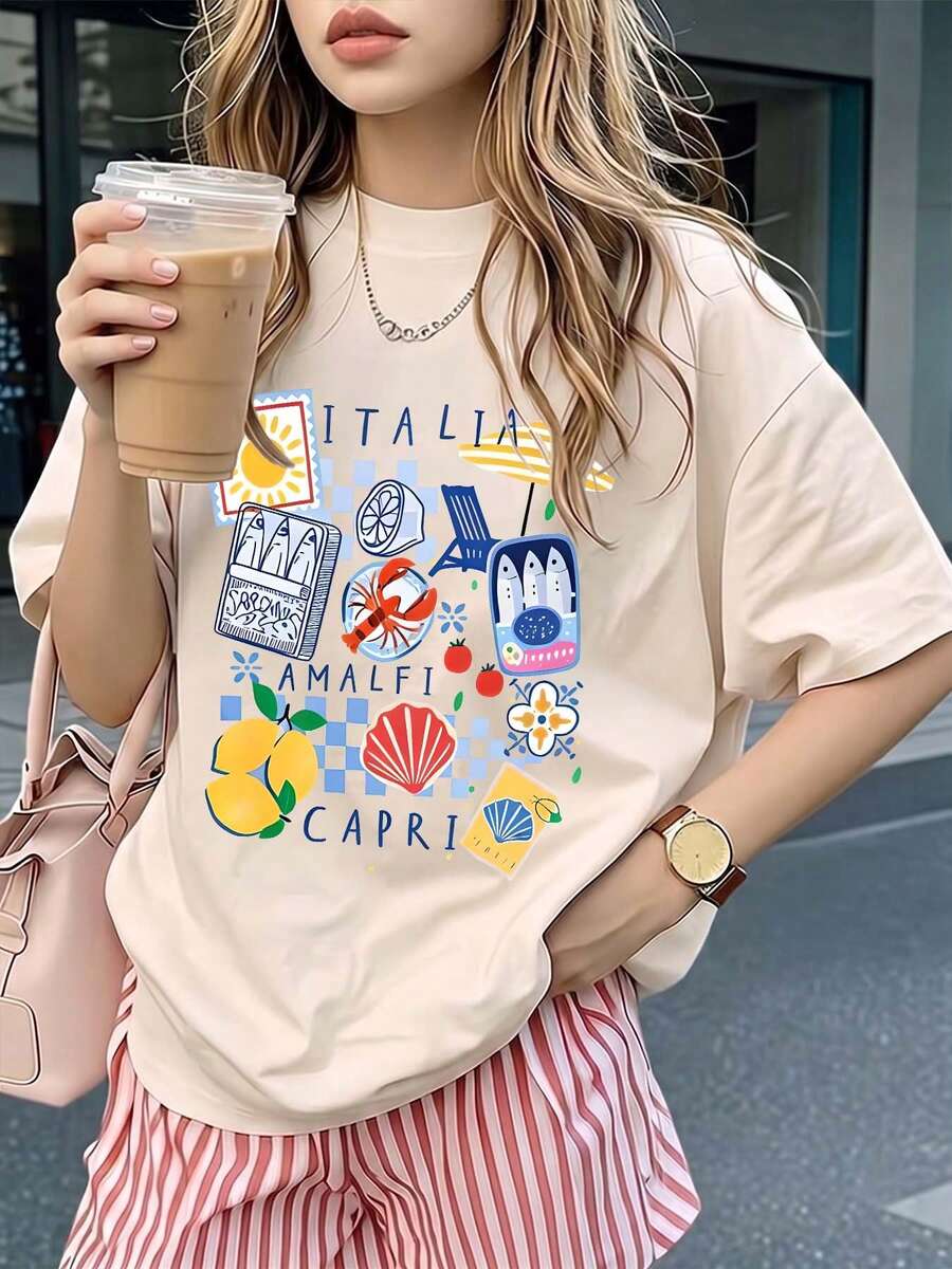 ZZG Es Trus 夏季女款「義大利島嶼檸檬貝殼」圖案印花街頭 Y2K 風格杏色圓領大尺碼短袖休閒 T-shirt 上衣 - 杏色 - 查看 1