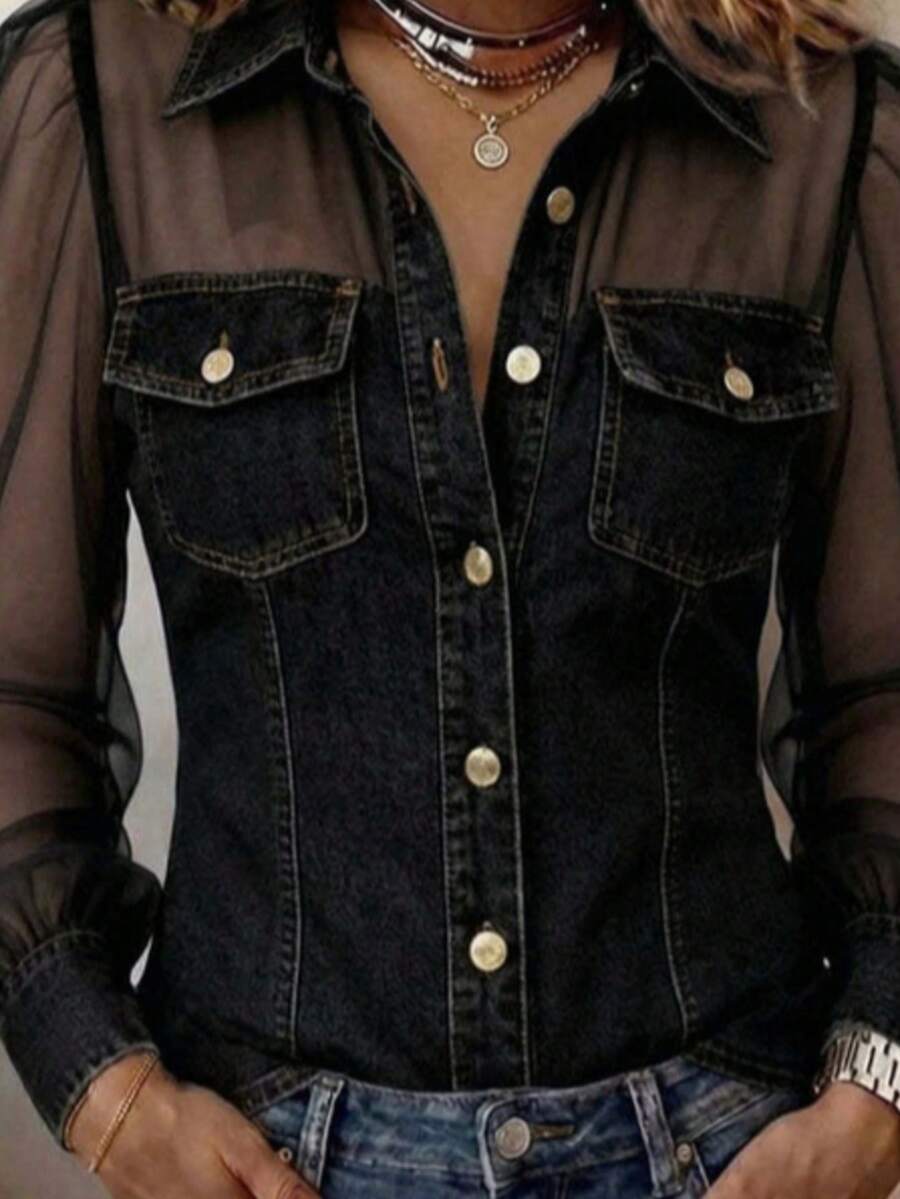 Women's Denim Fabric & Mesh Patchwork Shirt, Long Sheer Puff Sleeves, Button-Down With Fake Chest Pockets, Slim Fit Casual Top For Everyday Wear - 黑色和金色 - 查看 1