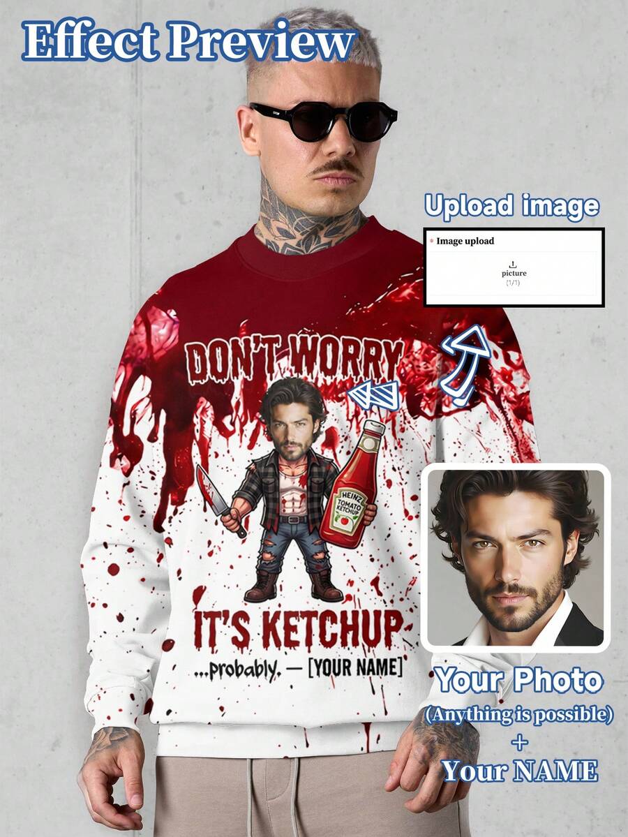 Men's Custom Pattern Sweatshirt, Can Print Any Family Member And Pet Photo, Suitable For Holiday Gatherings And Fun Halloween - Multicolor - View 1