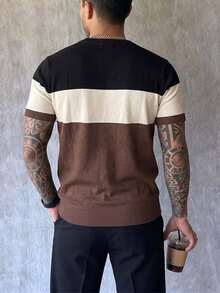 Men's Colorblock Crew Neck Short Sleeve Casual Knit Top - Coffee Brown - View 2