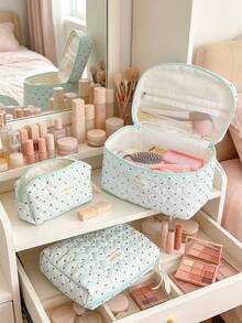 Cute Heart Quilted Makeup Bag Light Blue Polka Dot Cotton Cosmetic Organizer Case Portable Large Capacity Travel Toiletry Bag With Inner Mesh Pocket - Baby Blue - View 7