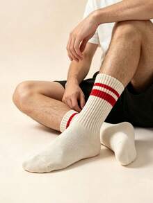 1/5 Pairs Men's Striped Mid-Calf Socks, Comfortable Breathable Moisture-Wicking Sports Socks, Couple Socks, Unisex, Suitable For Daily Wear, Sports, Back To School Season, Random Color - Multicolor - View 5