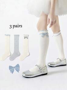 3 Pairs Girls' Knee-High Socks For Spring, Summer And Autumn, Gray And White Princess Bow Design, Preppy Style, Long Socks For Teenage Girls - Multicolor - View 1