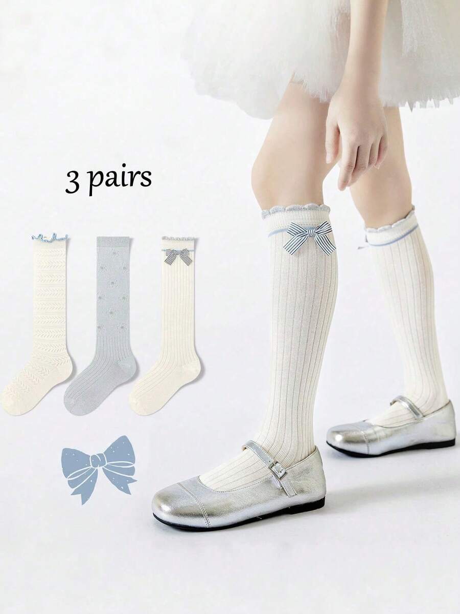 3 Pairs Girls' Knee-High Socks For Spring, Summer And Autumn, Gray And White Princess Bow Design, Preppy Style, Long Socks For Teenage Girls - Multicolor - View 1