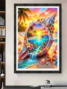 1pc Diamond Painting Kit, Dreamy Sunset Beach Seashell Landscape Diamond Art, Handmade Rhinestone Decor Painting, Tropical Ocean Style Living Room Wall Art, Holiday Gift - round diamond - View 4