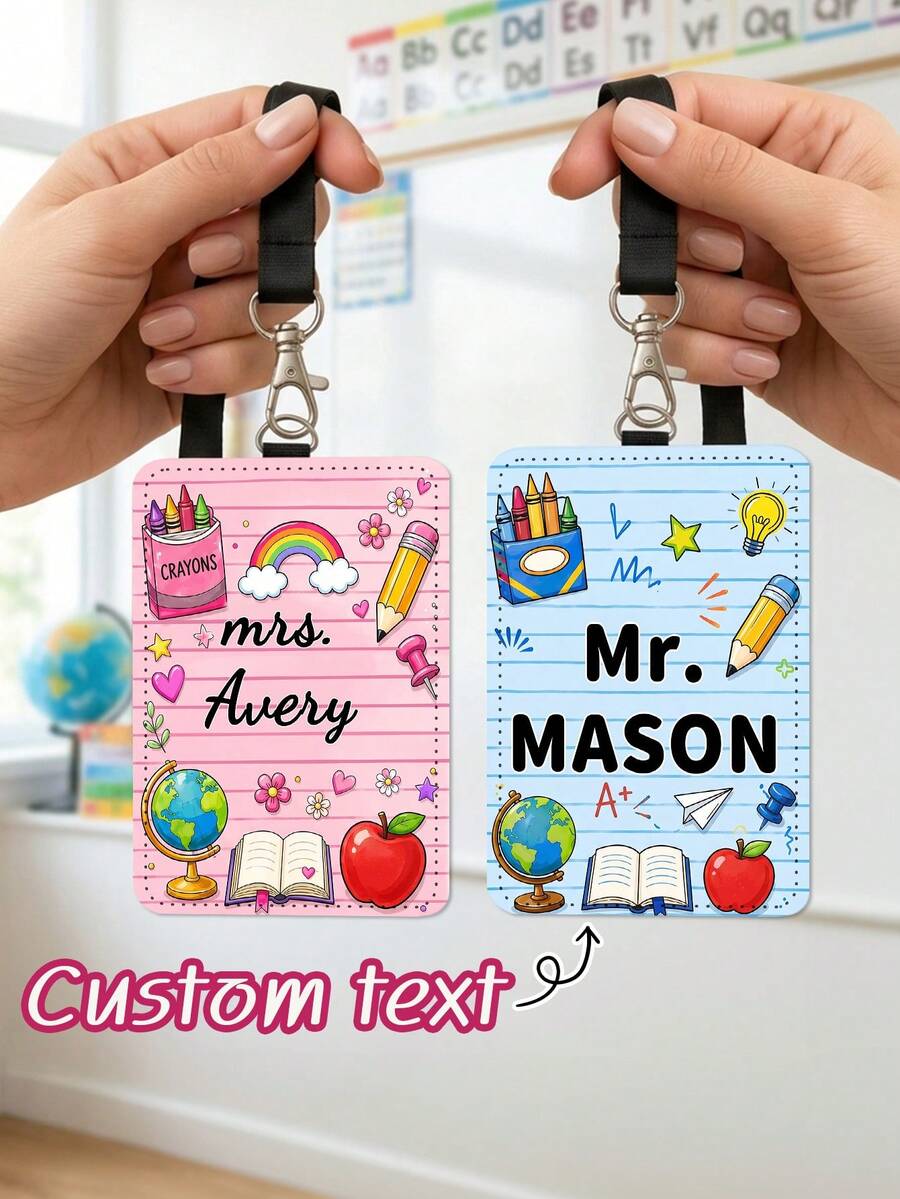 1pc Custom Teacher Name Badge Holder Lanyard,Personalized School Doodle Luggage Tag,Teacher Appreciation Gift,Back To School,Teacher Staff Name Tag - Multicolor - View 1