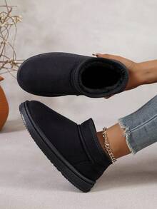 Botas de Piel de Talla Grande Versátiles con Suela Gruesa, Botas de Tobillo sin Cordones Estilosas para Interior/Exterior, Botas de Nieve Cálidas - Negro - Ver 1